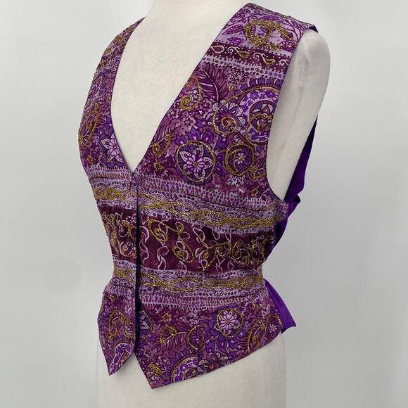 Vintage Beaded Silk Vest Button Down Paisley Print Front Purple Gold size Medium - Picture 4 of 8